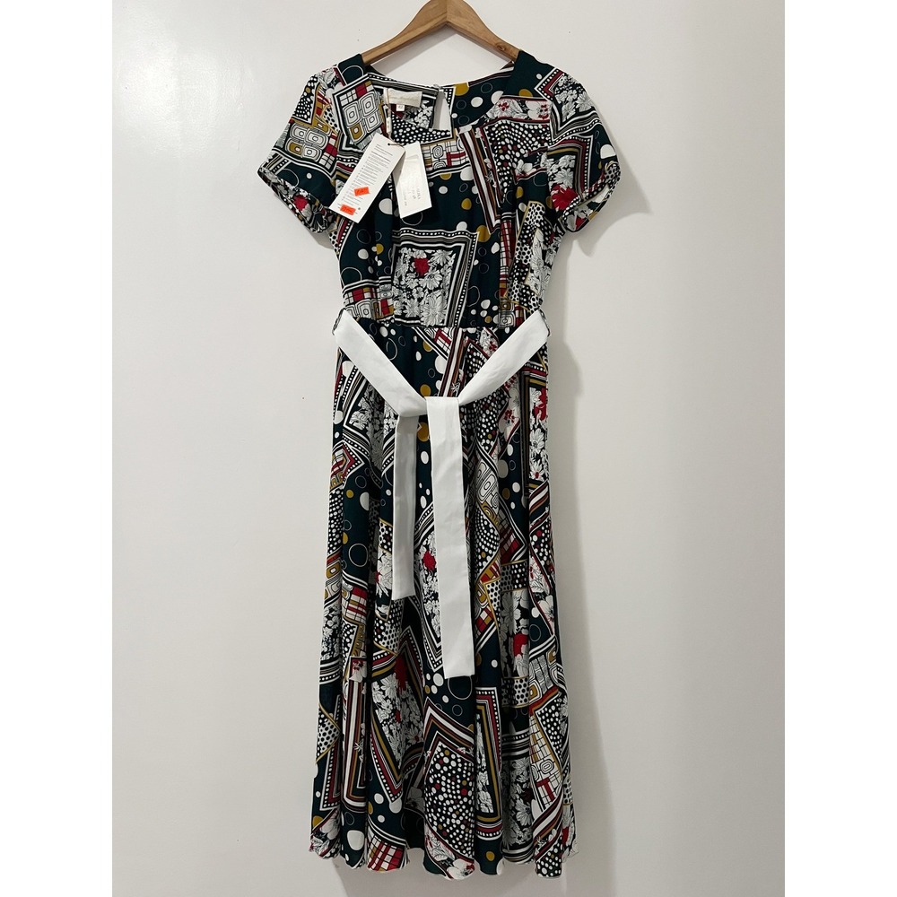 Maria Magdalena Alika Midi Dress Size 10 Geometric Floral Print Short Sleeve‎